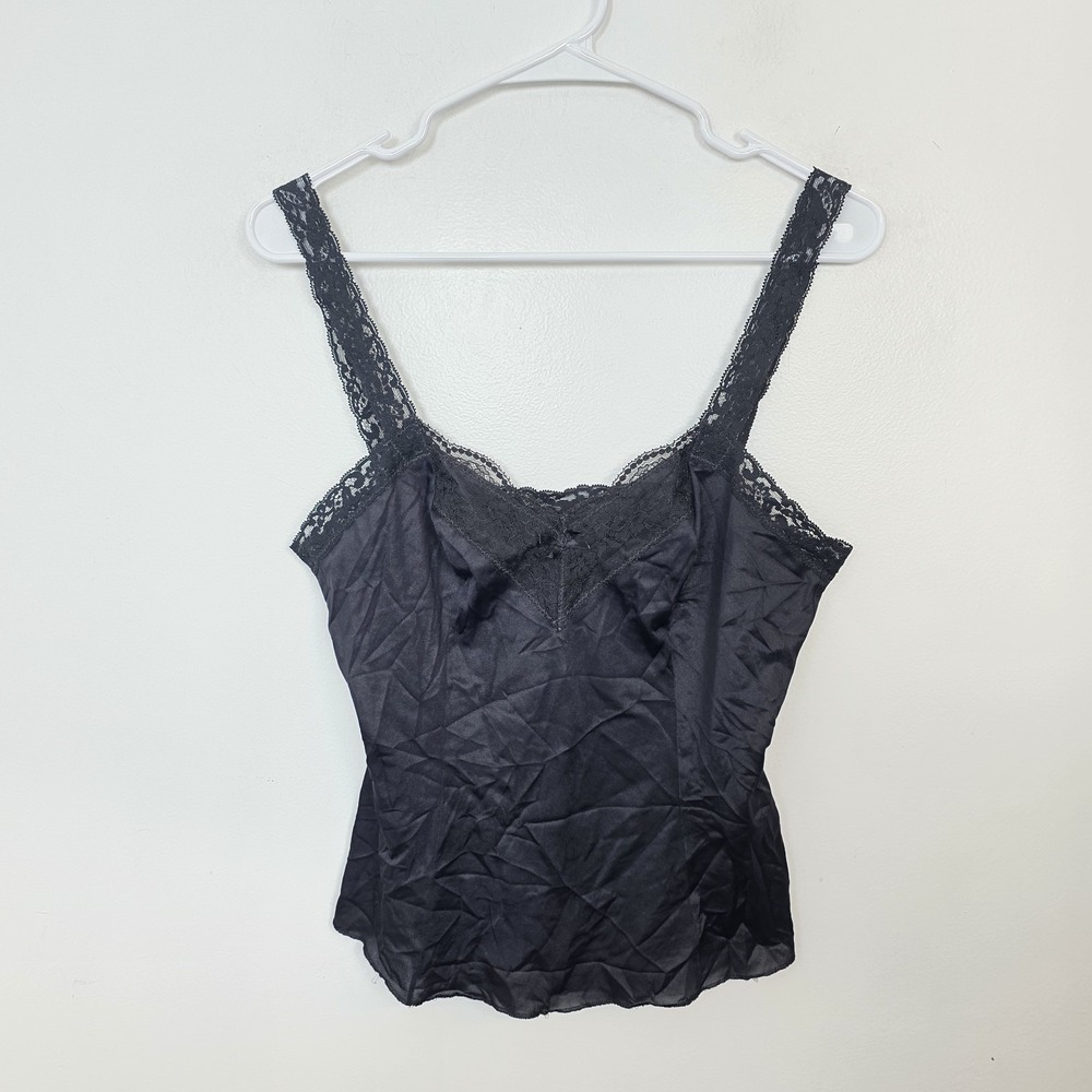 Vintage Olga Black Satin Lace Trim Y2K Whimsygoth Feminine Tank Top Size Medium - Picture 2 of 8